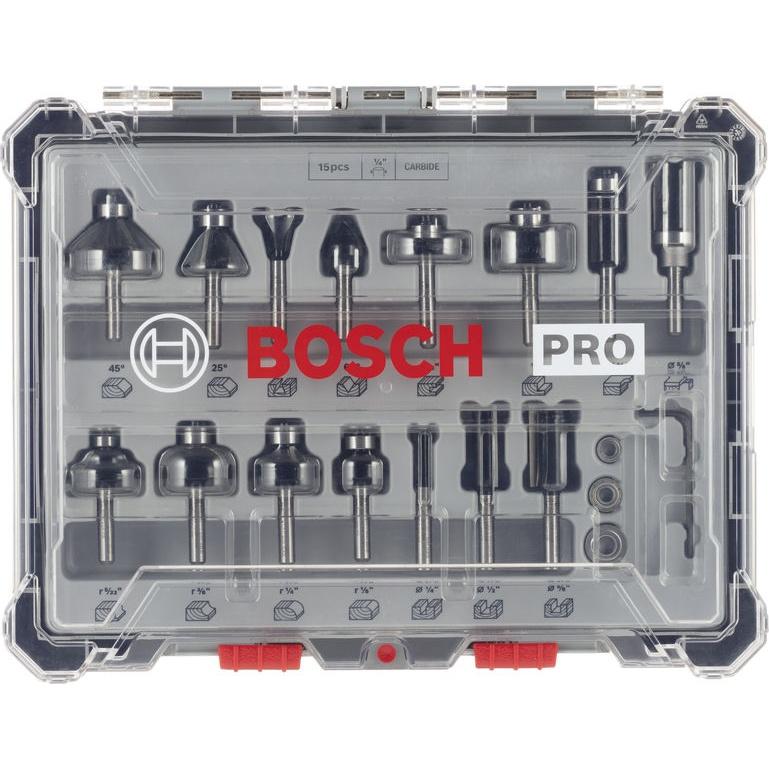Bosch PRO Router Bit Mixed Set, Shank 1/4″, 15 pcs Shank 1 - Power Tool Services
