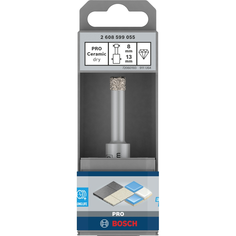 Bosch PRO Ceramic dry Drill Bit 8mm in blister pack, designed for clean, dry drilling in hard ceramic surfaces. Perfect for tile installation.