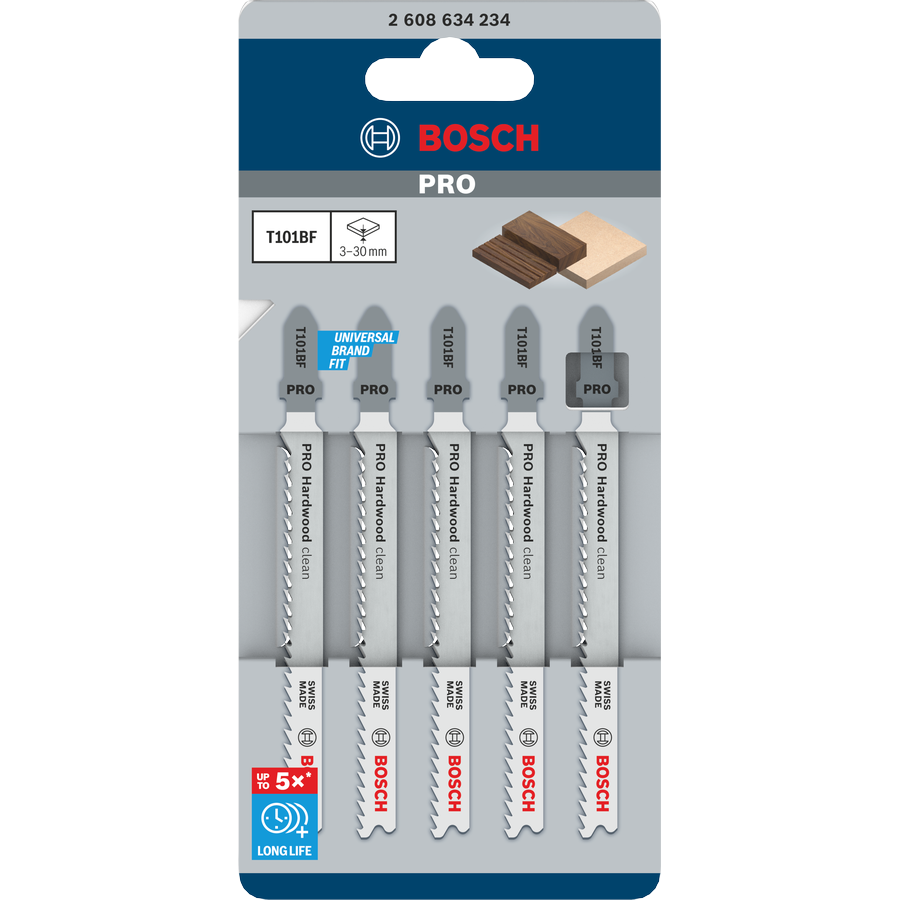 Bosch Jigsaw Blades BIM T 101 BF Clean for Hard Wood 5 Pack 2608634234