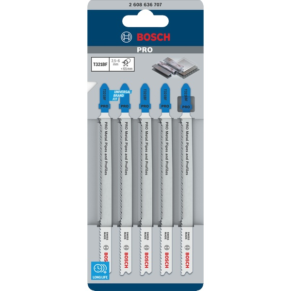 Bosch PRO Metal Pipes and Profiles T321BF Jigsaw Blade 132 mm 5 pcs pack, ideal for cutting metal pipes and profiles with precision.