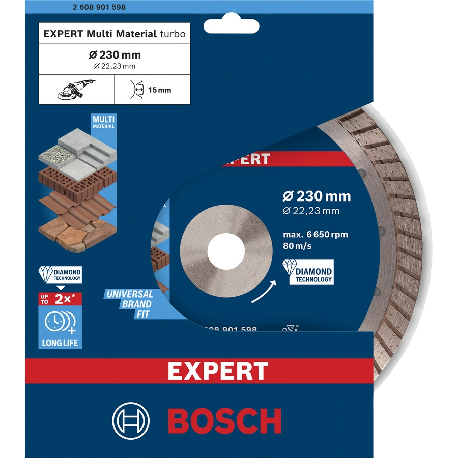 Bosch EXPERT MultiMaterial Diamond Cutting Disc 230 x 22.23 x 2.4 x 15 mm 2608901598 in retail packaging with material compatibility icons.