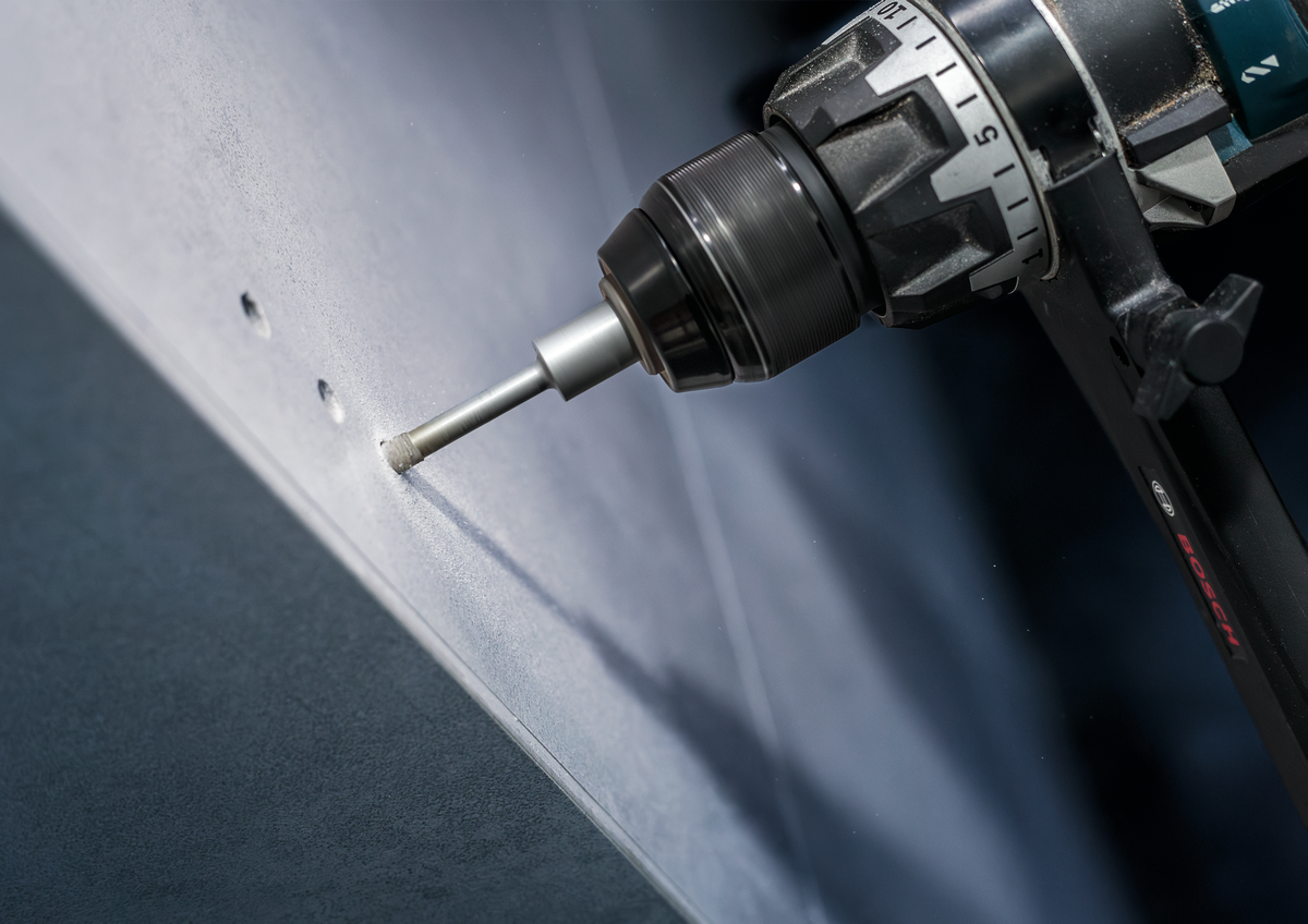 Bosch PRO Ceramic dry Drill Bit in action on ceramic wall, delivering dust-free, precision drilling ideal for tiling and bathroom work.