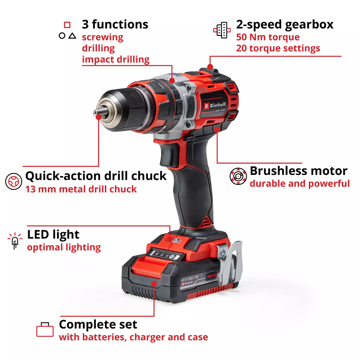 Einhell Cordless Impact Drill TP-CD 18/50 Li-i BL (2x2,0Ah)