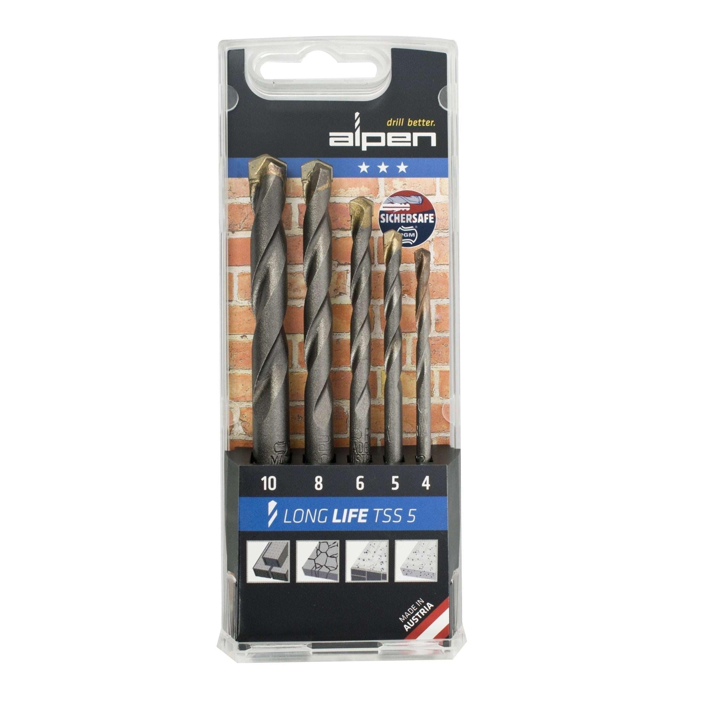 Buy Alpen Masonry Drill Bit Set 5 Piece Long Life 4,5,6,8,10 from Power Tool Services - Image 1 | Best Price