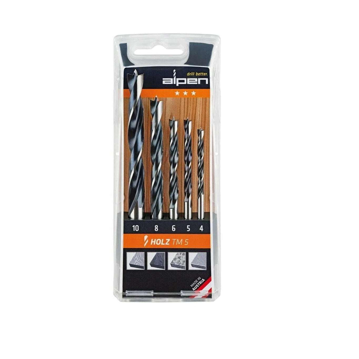 Buy Alpen Wood Drill Bit Set 5 Piece 4-10mm from Power Tool Services - Image 1 | Best Price
