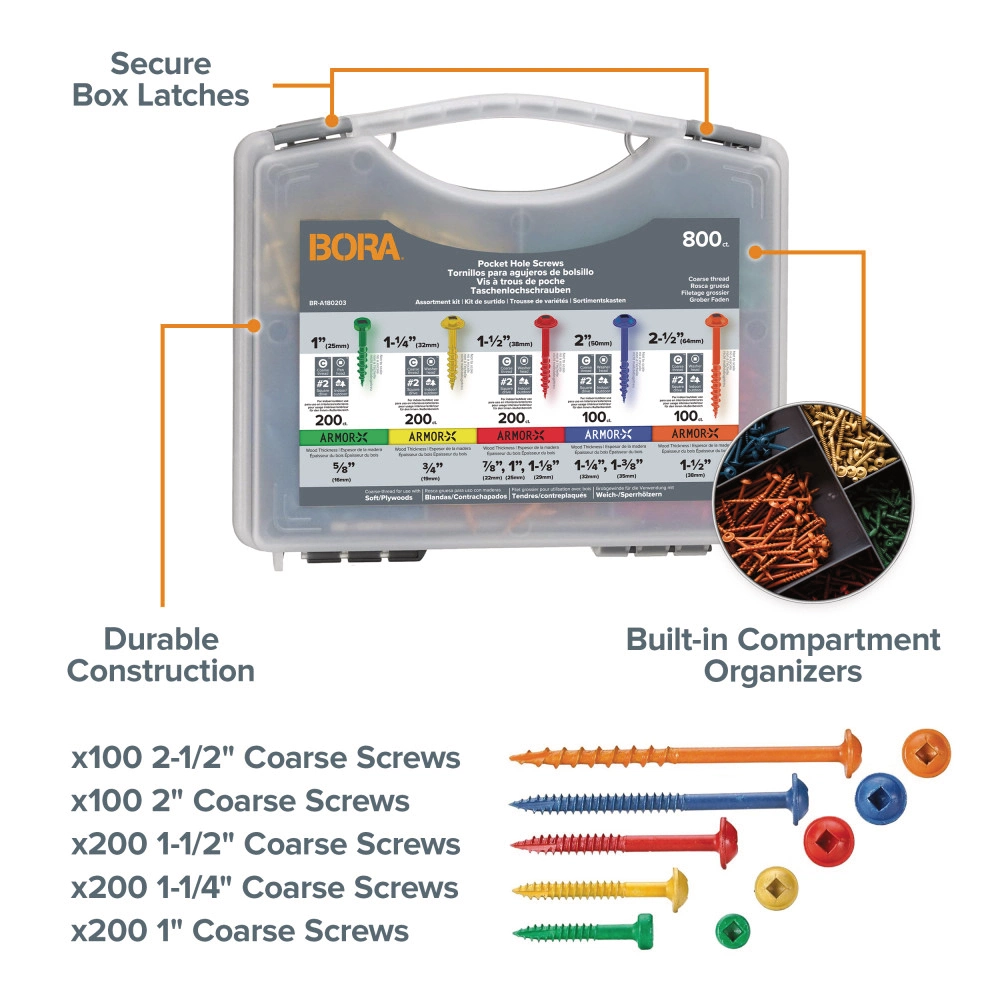 BORA 800-Piece Pocket-Hole Screw Kit Coarse | BR-A180203
