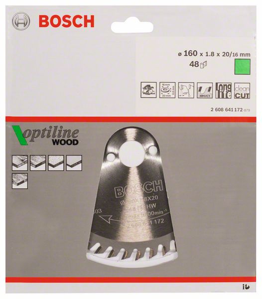 Buy Bosch Optiline Circular Saw Blade for Wood 160mm 48t 2608641172 from Power Tool Services - Image 1 | Best Price