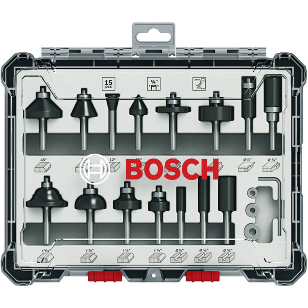 Buy Bosch Professional Router Bit Set 15 Pcs Mixed 1/4`` Shank from Power Tool Services - Image 1 | Best Price