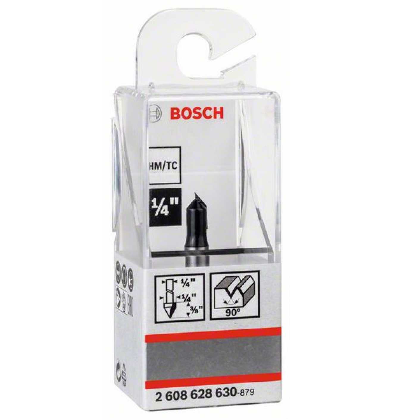Buy Bosch V-groove bit, 1/4", D1 6.3 mm, L 9.2 mm, G 45 mm, 90° 2608628630 from Power Tool Services - Image 1 | Best Price