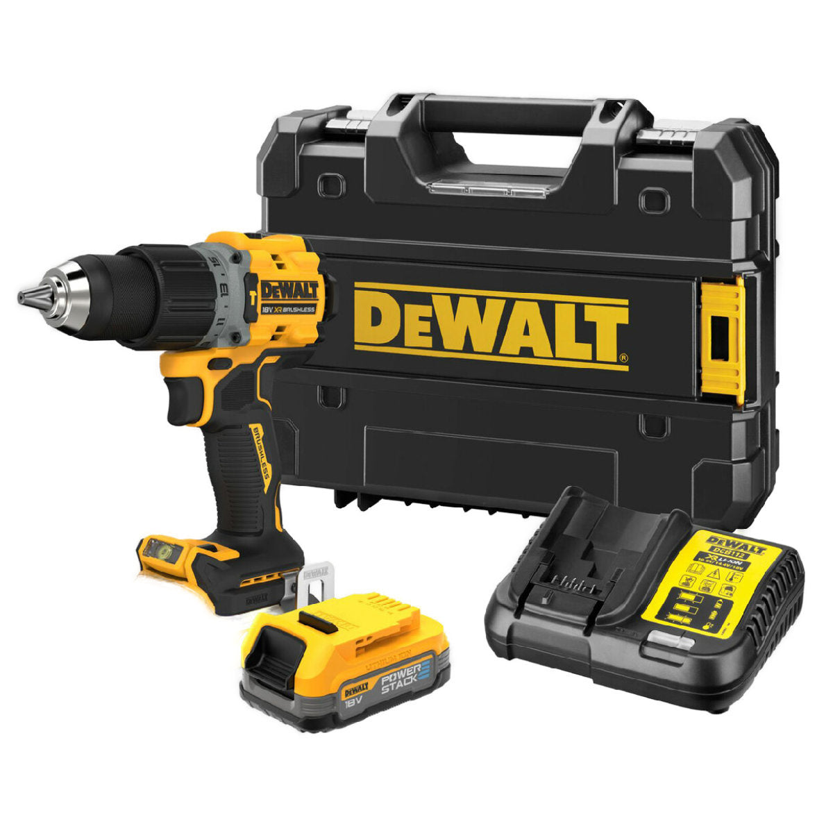 Buy Dewalt 18V Brushless Powerstack Hammer Drill DCD805E1T from Power Tool Services - Image 1 | Best Price