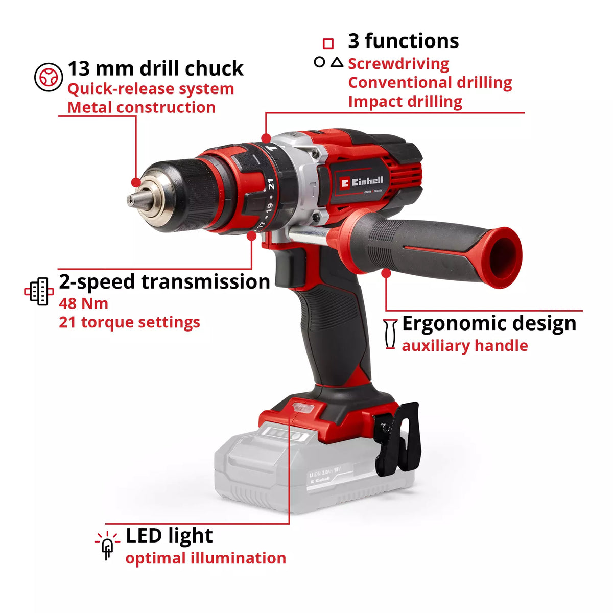 Einhell Impact Drill 13mm 48Nm 18V TE-CD 18/48 Li-i-Solo 3 - Power Tool Services