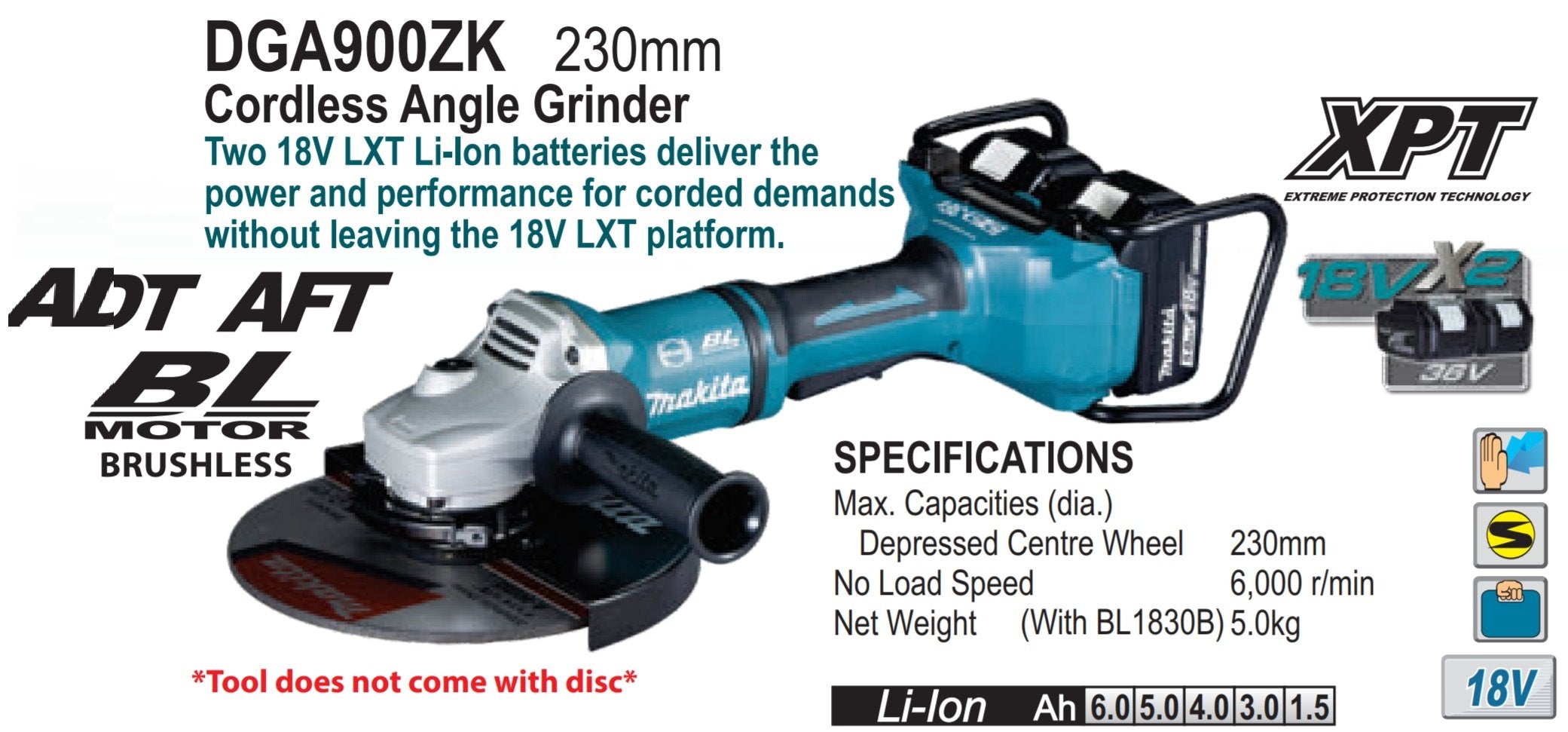 Buy Makita 18v+18v Cordless 230mm Angle Grinder DGA900 Solo from Power Tool Services - Image 3 | Best Price