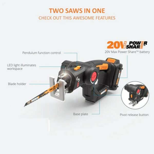 Buy Worx AXIS Jigsaw & Recipro Saw 20mm 2-In-1 Cordless 20V | KIT from Power Tool Services - Image 6 | Best Price
