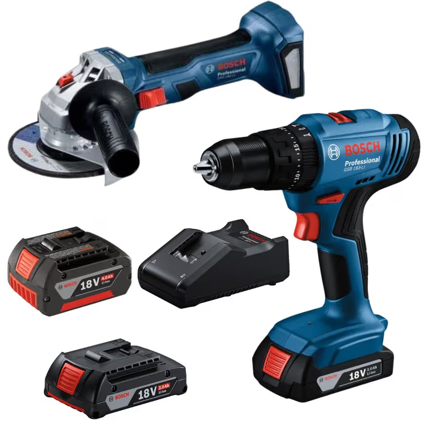 Bosch GSB 183-LI Cordless Drill and GWS 180-LI Angle Grinder Combo