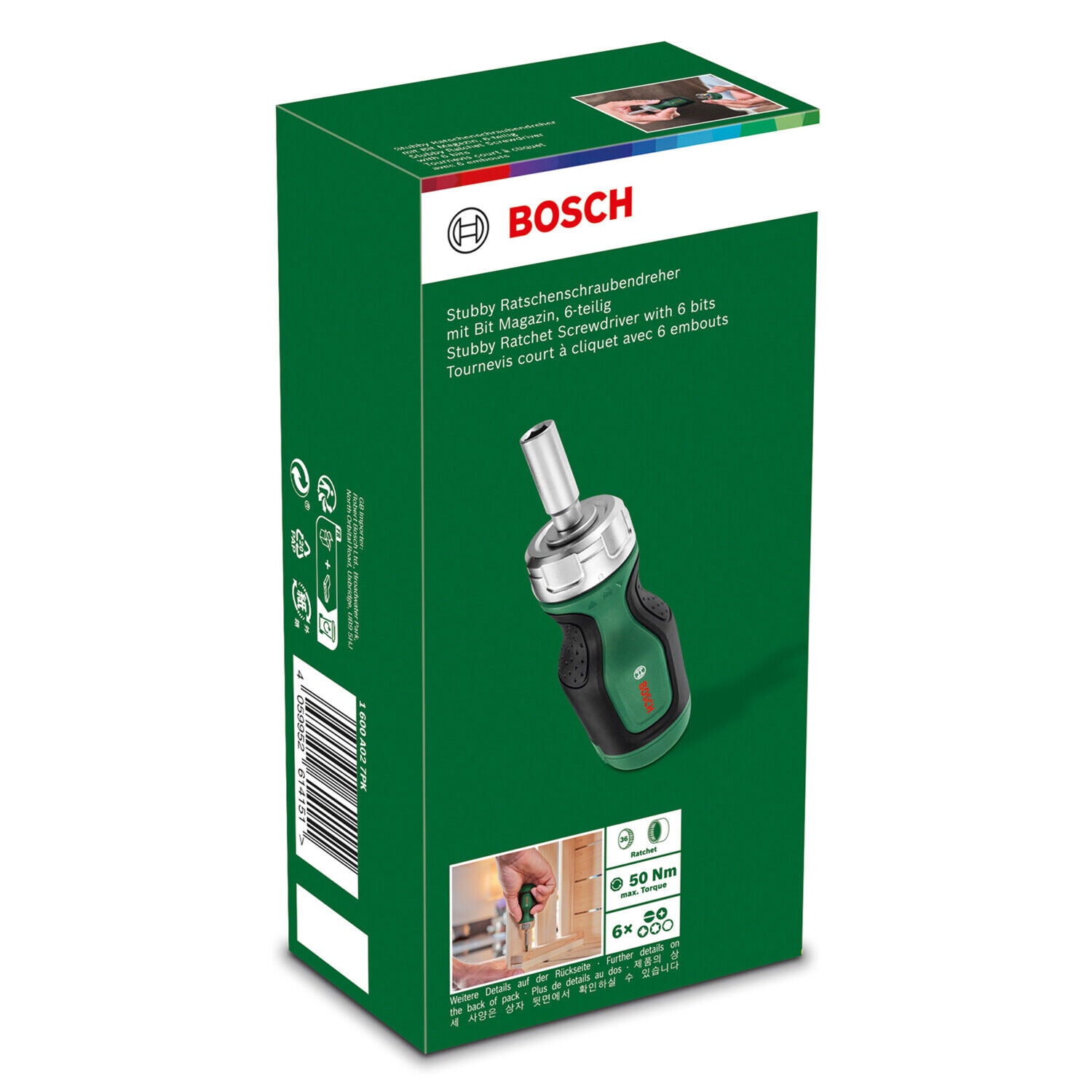 Buy Bosch DIY Stubby Ratchet Screwdriver with 6 Bits 1600A027PK from Power Tool Services - Image 1 | Best Price