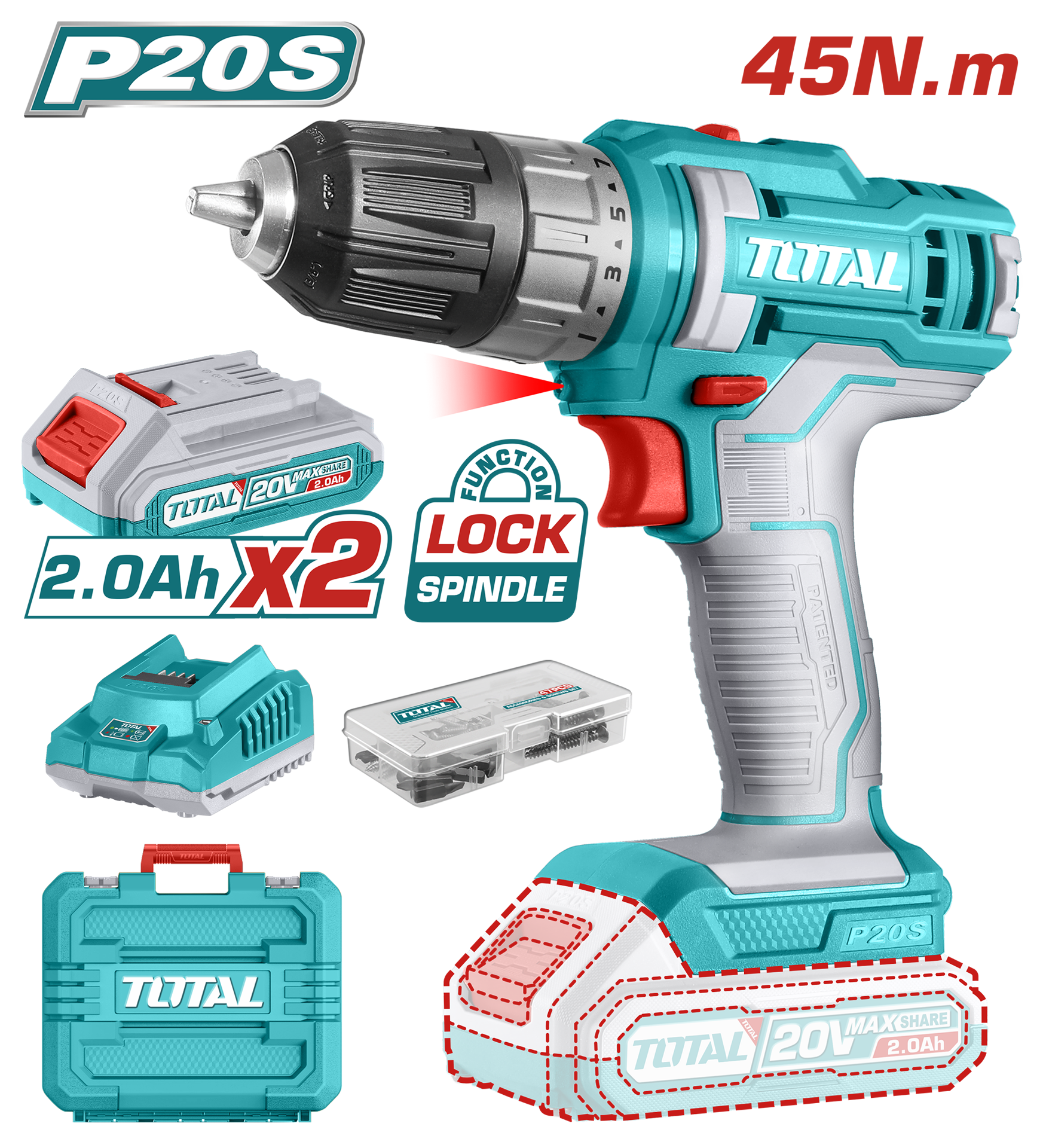 Total Tools Lithium-Ion Cordless Drill W/ Case Torque Settings: 15+1