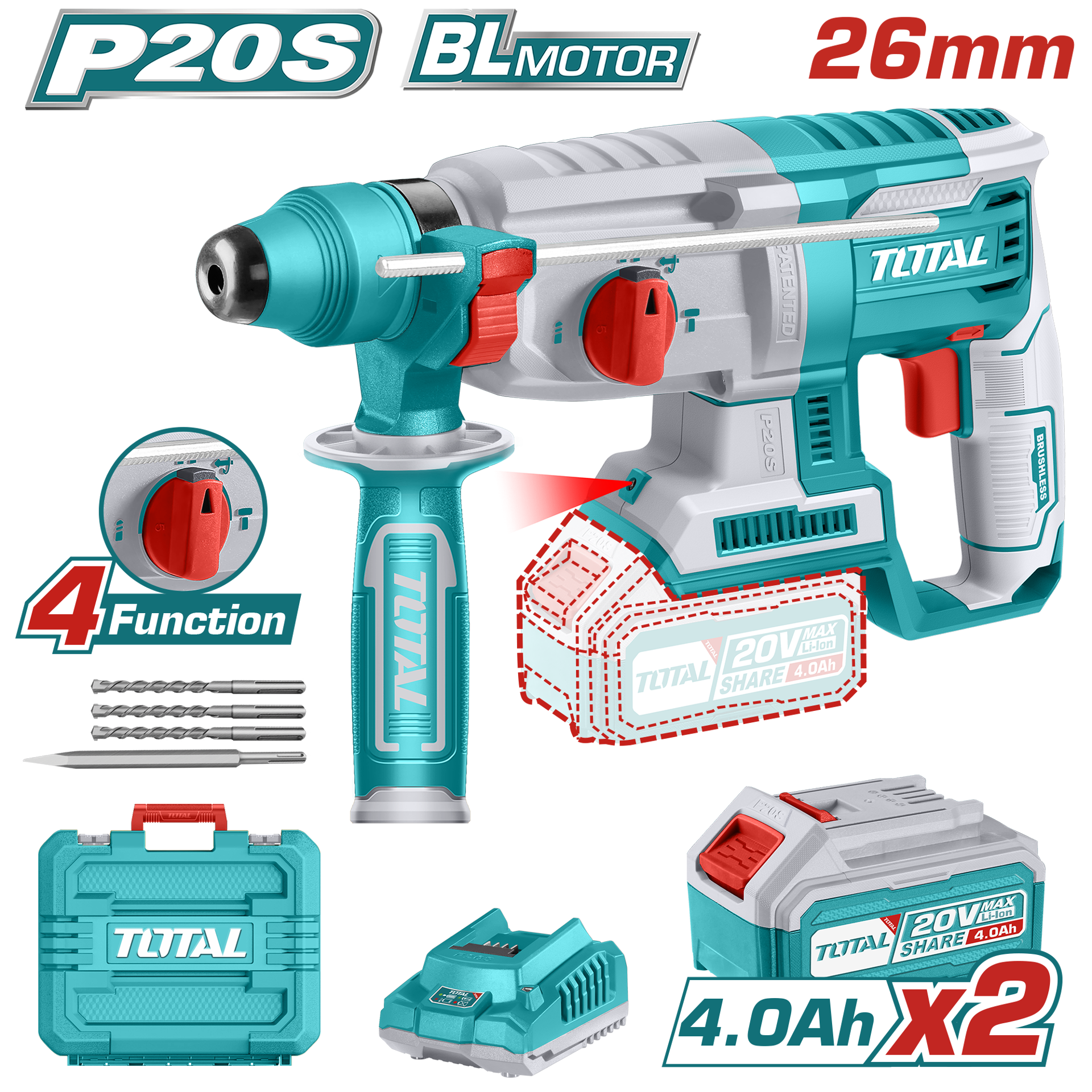 Total Tools Lithium-Ion Rotary hammer Brushless Motor 26mm including 2 x batteries and 1 x charger