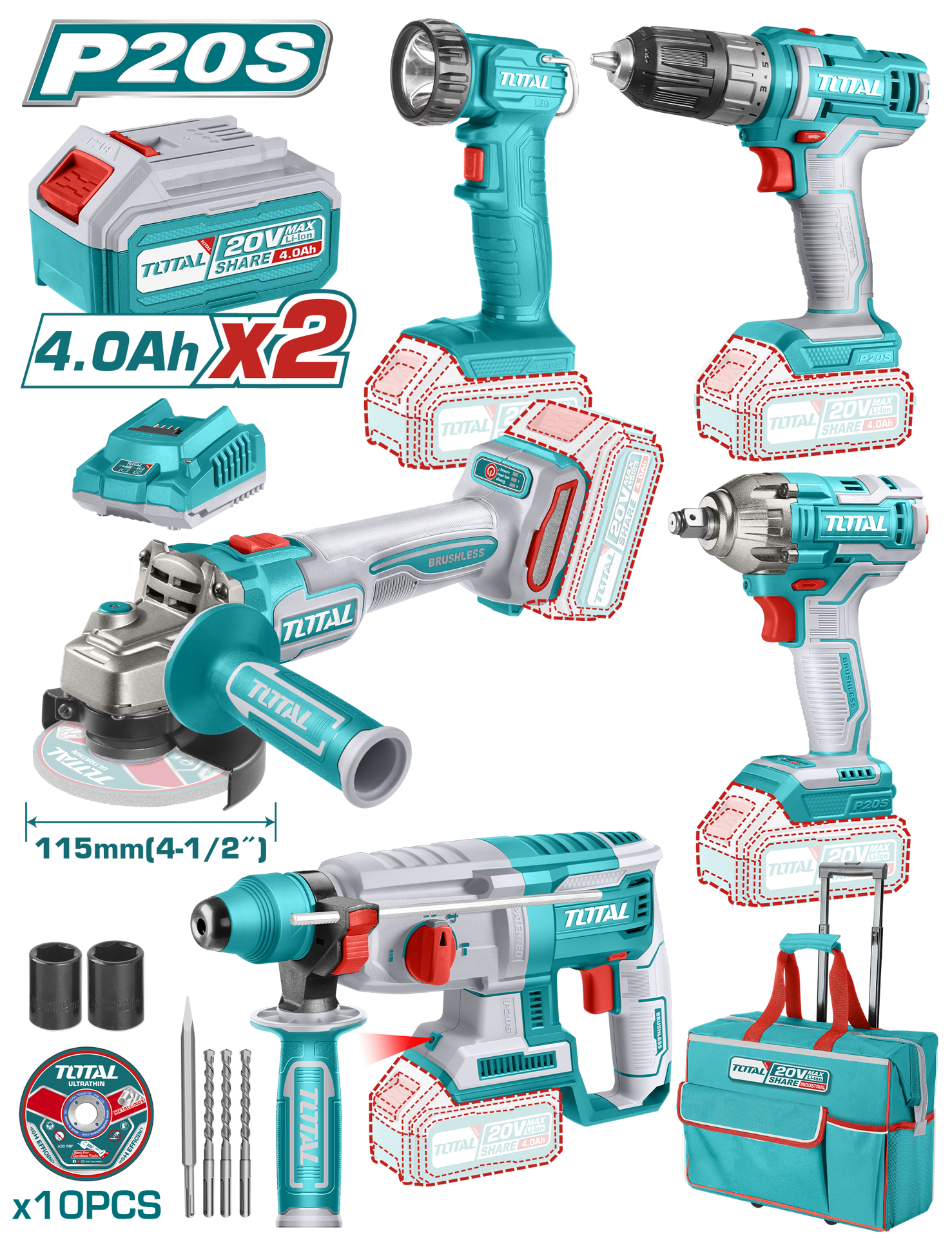 Total Tools Lithium-Ion 5Pc Industrial Combo kit (Impact Wrench, Drill, Angle Grinder, Work lamp and Rotary hammer)