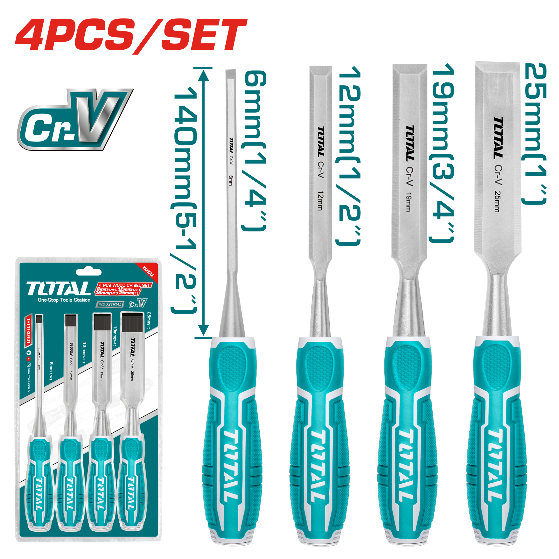 Total Tools 4 Piece Wood Chisel Set