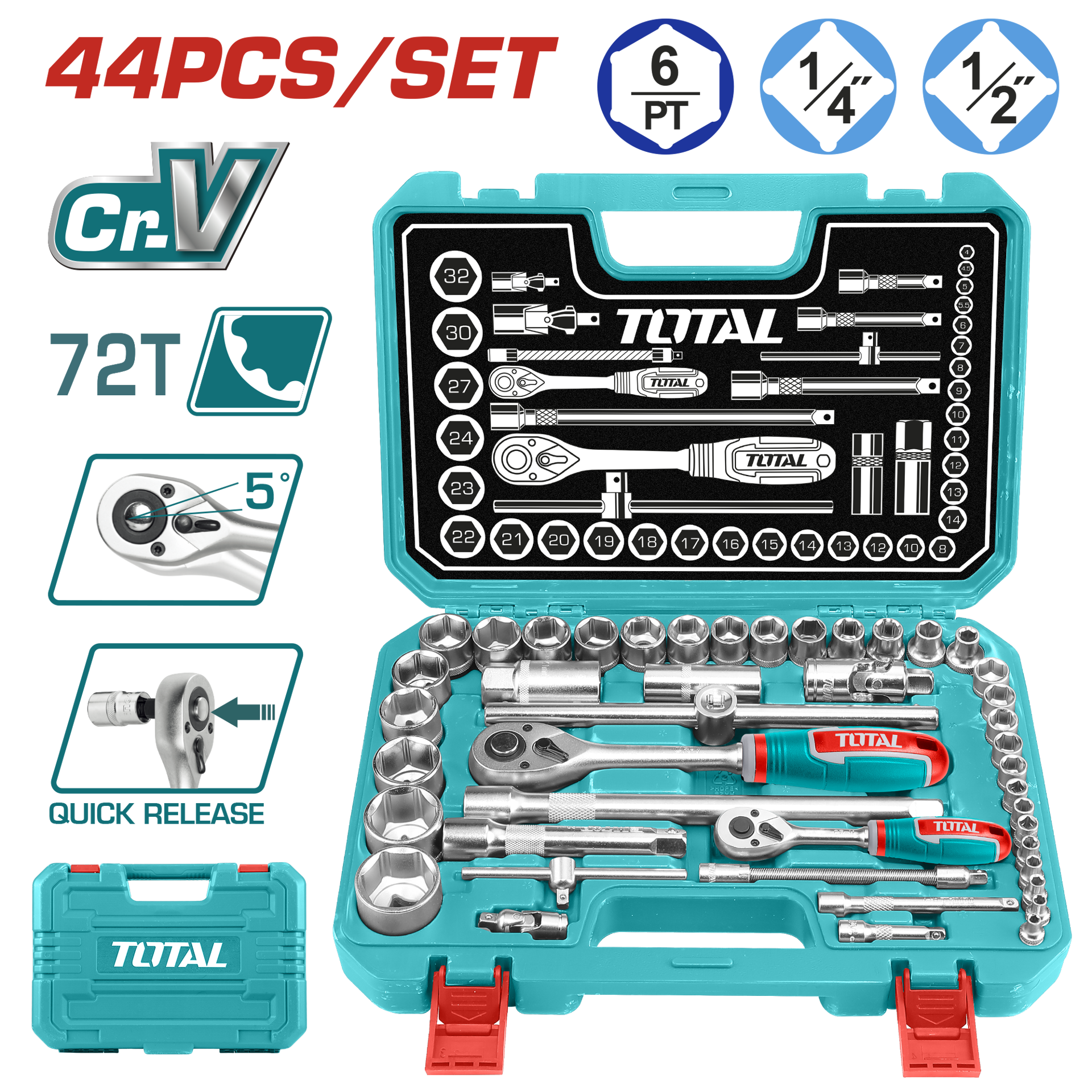 Total Tools 44 Piece 1/4"+1/2" Socket set