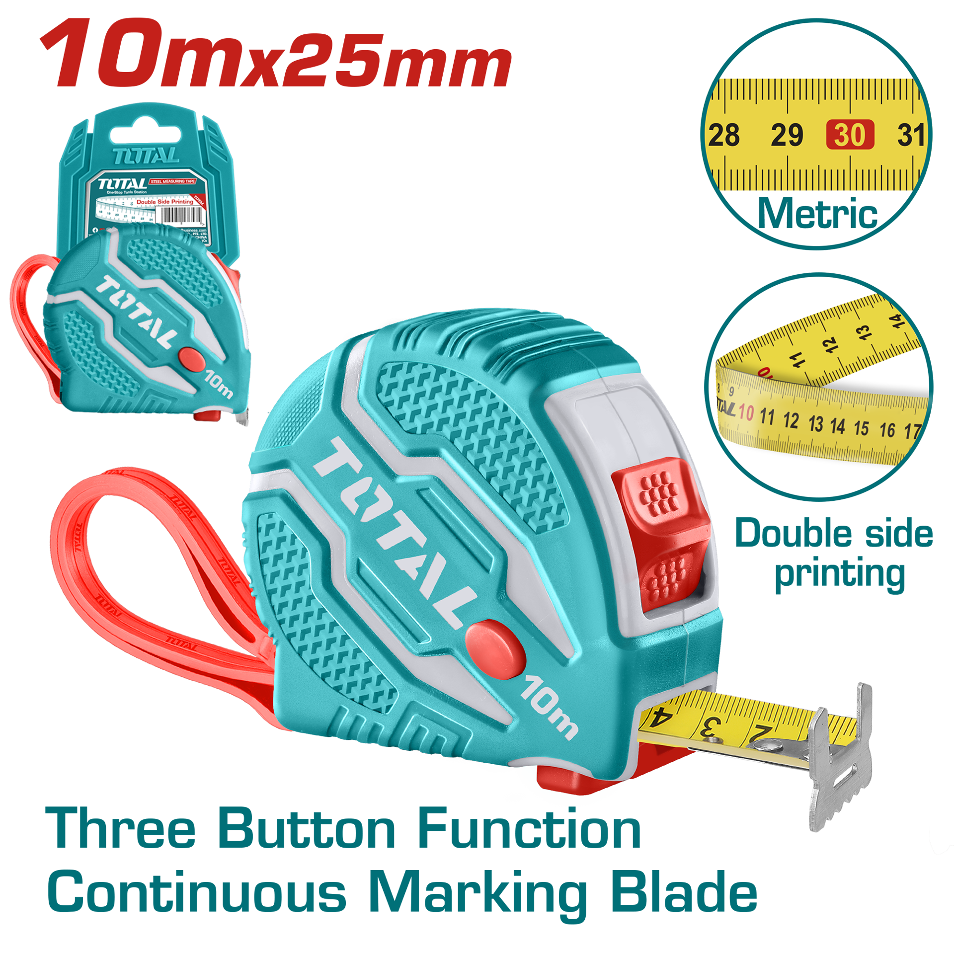 Total Tools Measuring Tape (10m x 25mm) Metric Only with Rubber Housing