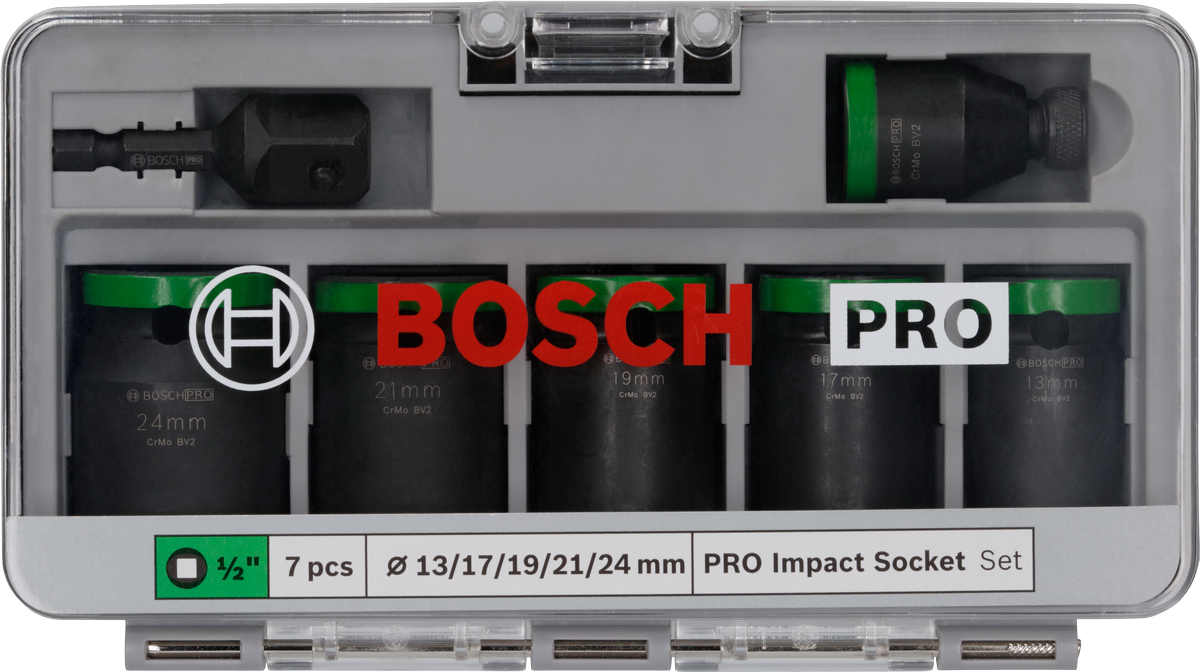Bosch Professional PRO Impact Socket Set, with Adapter, 1/2", Standard, 7 pcs 2608003032 1 - Power Tool Services