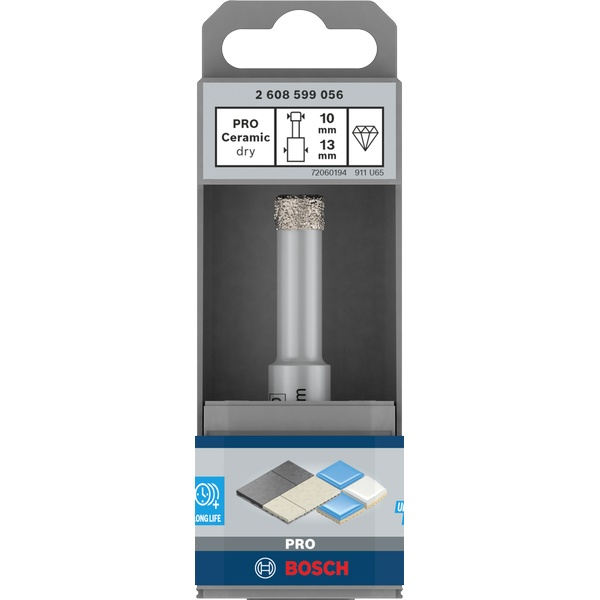 Bosch PRO Ceramic dry Drill Bit 10mm packaged for retail, engineered for high precision in dry drilling ceramic and porcelain tiles.