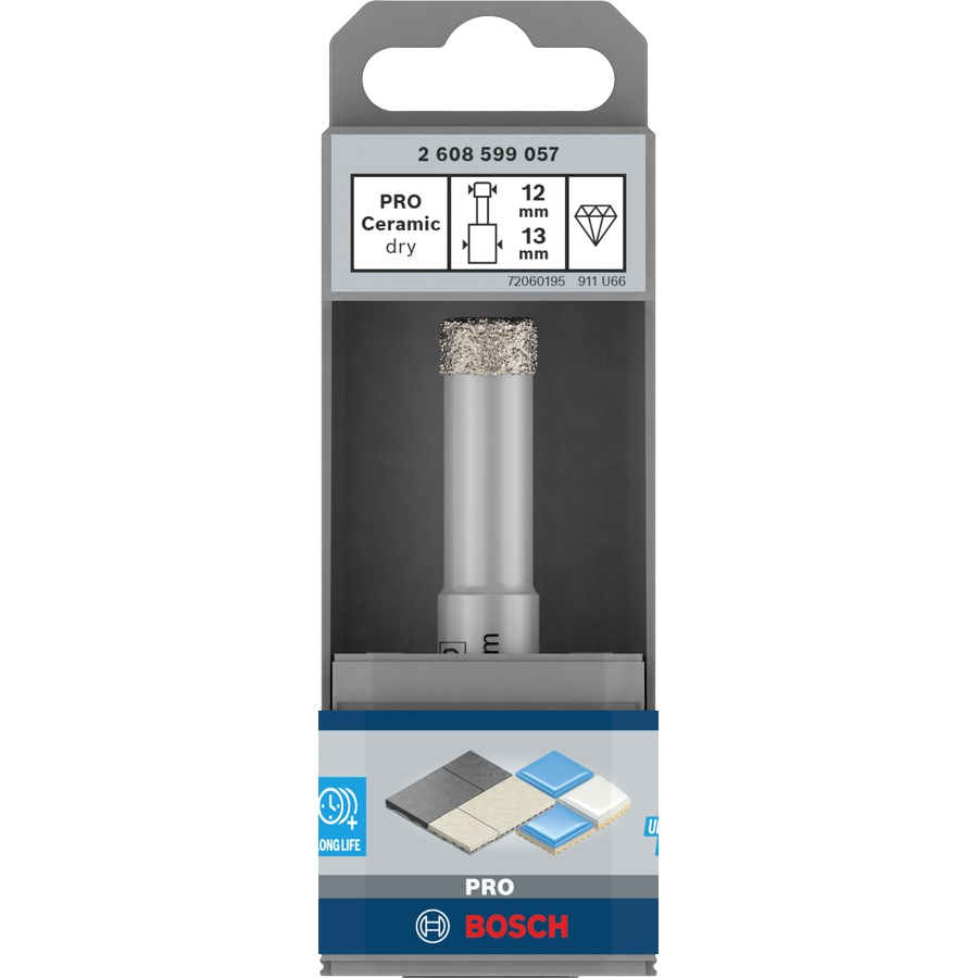 Bosch PRO Ceramic dry Drill Bit 12mm in display box, optimized for dry drilling through tough ceramic materials with minimal chipping.