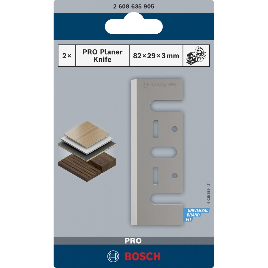 Bosch PRO Planer Knife, 82 x 29 x 3 mm 2608635905 in retail packaging with two blades, ideal for woodworking and compatible with universal brands.