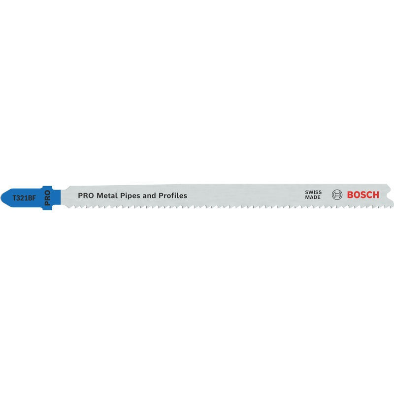 Single Bosch PRO T321BF Jigsaw Blade for metal pipes and profiles, 132 mm length, Swiss made for high durability and clean cuts.