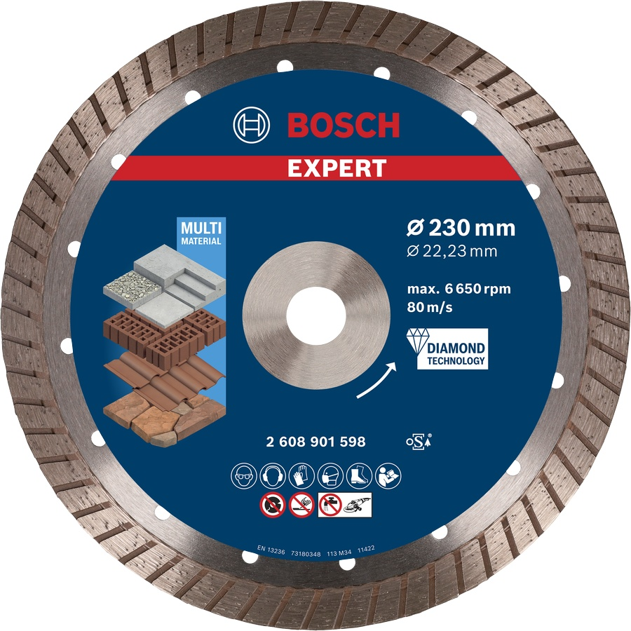 Close-up of Bosch EXPERT MultiMaterial Diamond Cutting Disc 230mm with turbo rim and multi-surface cutting capability.