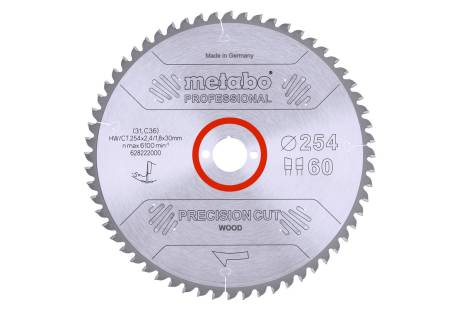 Buy Metabo | Saw Blade "Precision Cut Wood - Professional", 254X30, Z60 Wz 5° Neg. (628222000) from Power Tool Services - Image 1 | Best Price