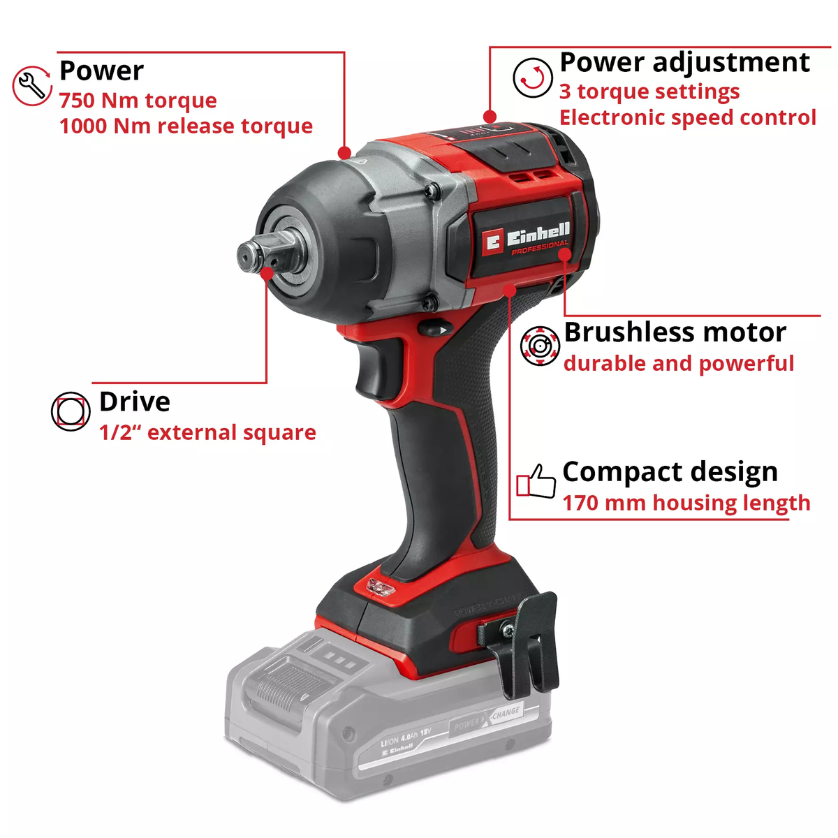 Einhell Cordless Impact Wrench TP-CW 18/750-C Li BL - Solo