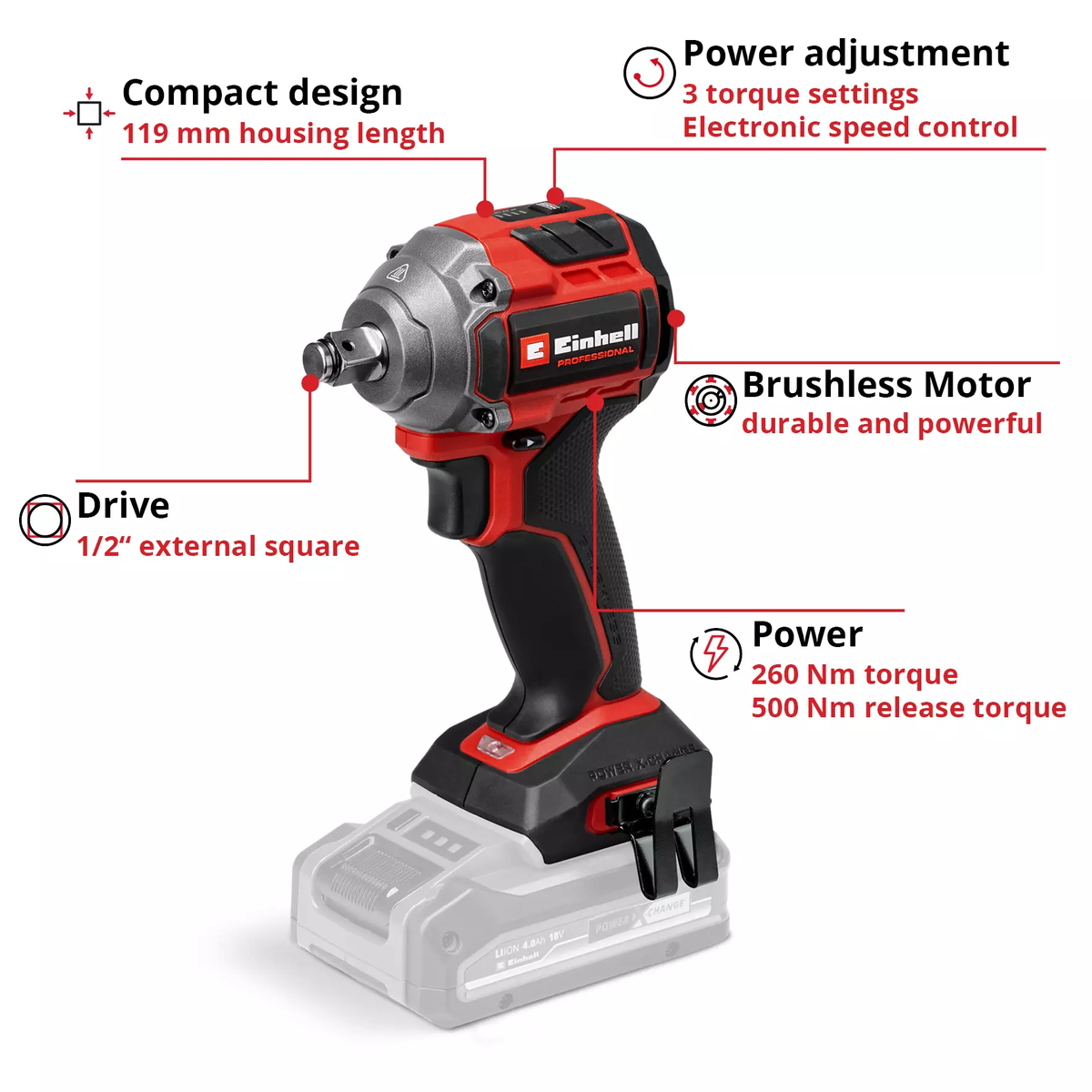 Einhell Cordless Impact Wrench TP-CW 18/260-C Li BL - Solo