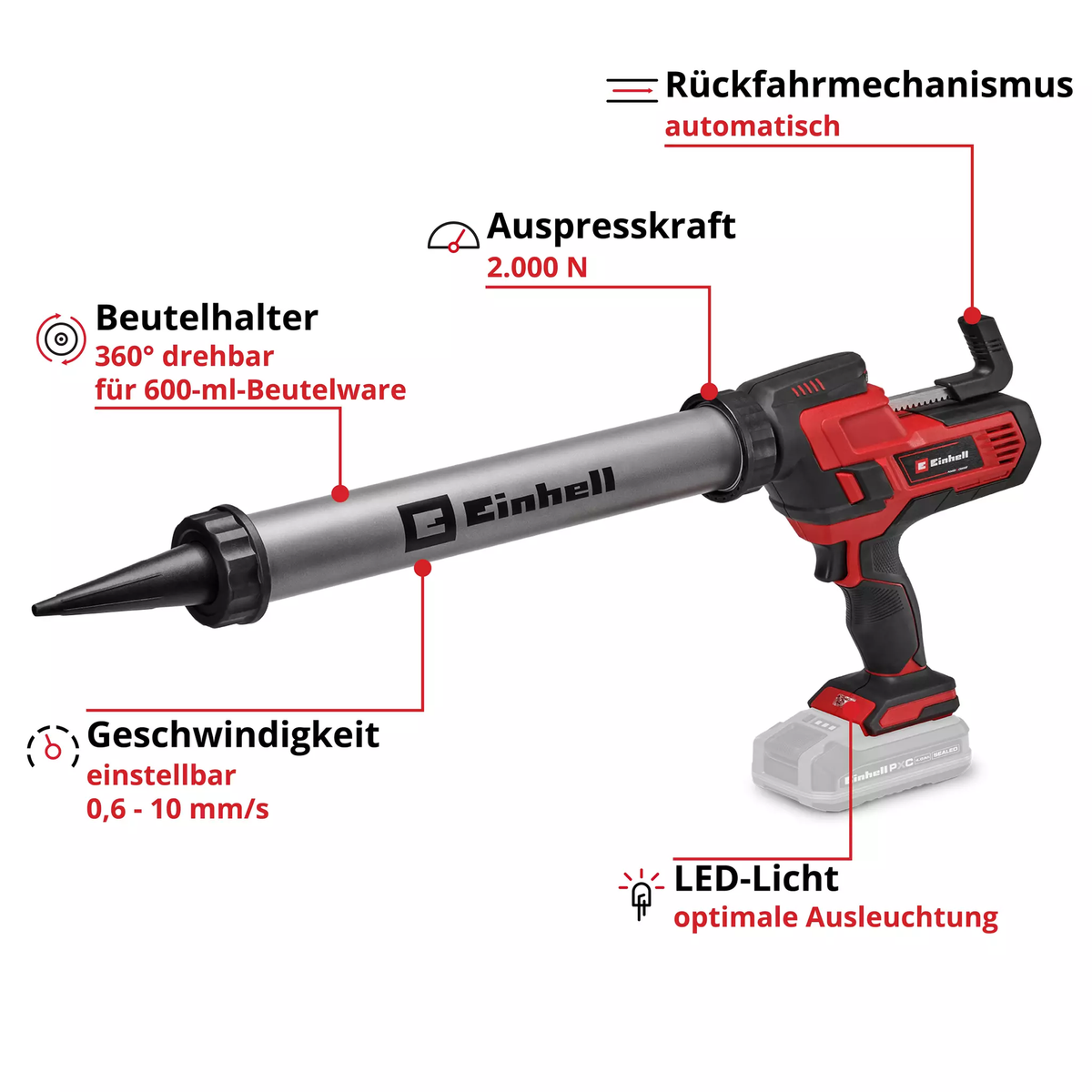 Einhell Cordless Caulking Gun 600ml TE-SG 18/600 B Li - Solo
