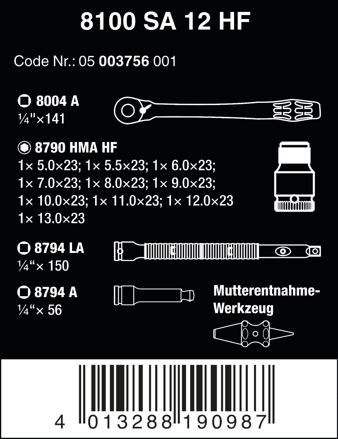 Wera 8100 SA 12 HF Zyklop Metal Ratchet Set with switch lever, 1/4" drive, metric, 13 pieces 3 - Power Tool Services