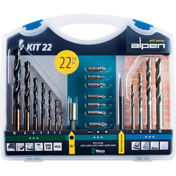 Alpen Drill and Screwdriver Bit Set 22Pc for Steel & Masonary Power Tool Services