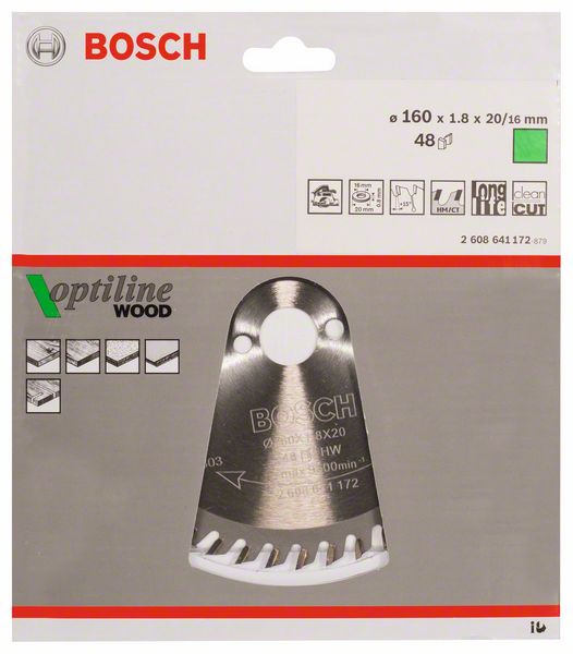 Bosch Optiline Circular Saw Blade for Wood 160mm 48t 2608641172 Power Tool Services