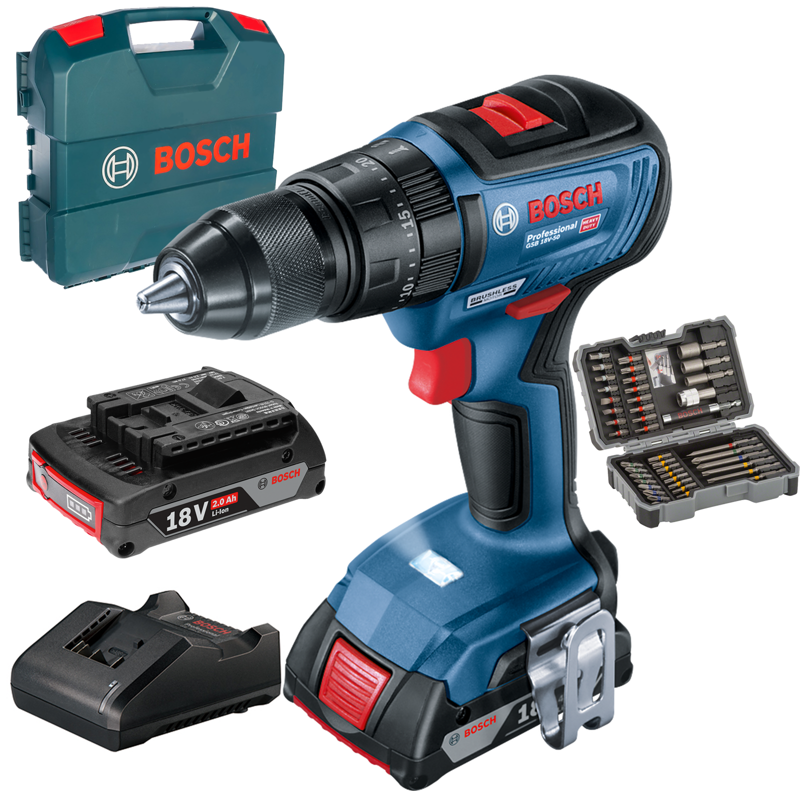 Bosch Professional Cordless Drill Set GSB 18V-50 + 40Pcs Accessories 0615990M8K Power Tool Services