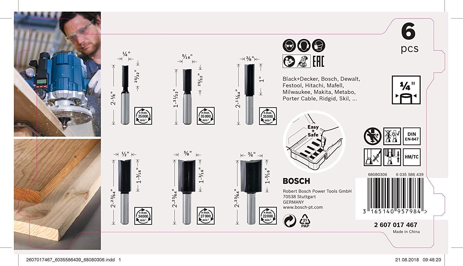 Bosch Professional Router Bit Set 6 Pcs Straight 1/4`` Power Tool Services