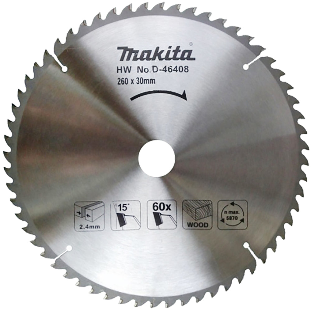 Buy Makita | Circular saw blade, Standard T.C.T, 260 x 30 mm, 60 T | D-46408 from Power Tool Services - Image 1 | Best Price