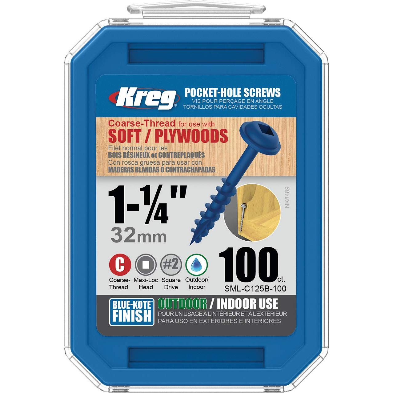 Kreg Blue-Kote Wr Pocket Screws 1 1/4'#8 Coarse Washer Head 100Ct Power Tool Services
