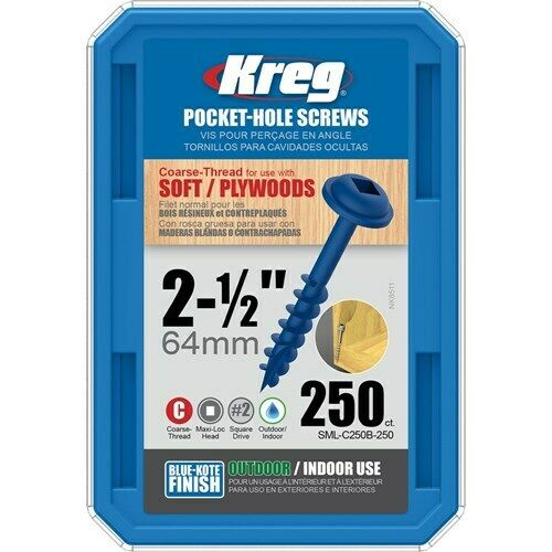 Kreg Blue-Kote Wr Pocket Screws 2 1/2'#8 Coarse Washer Head 250Ct Power Tool Services