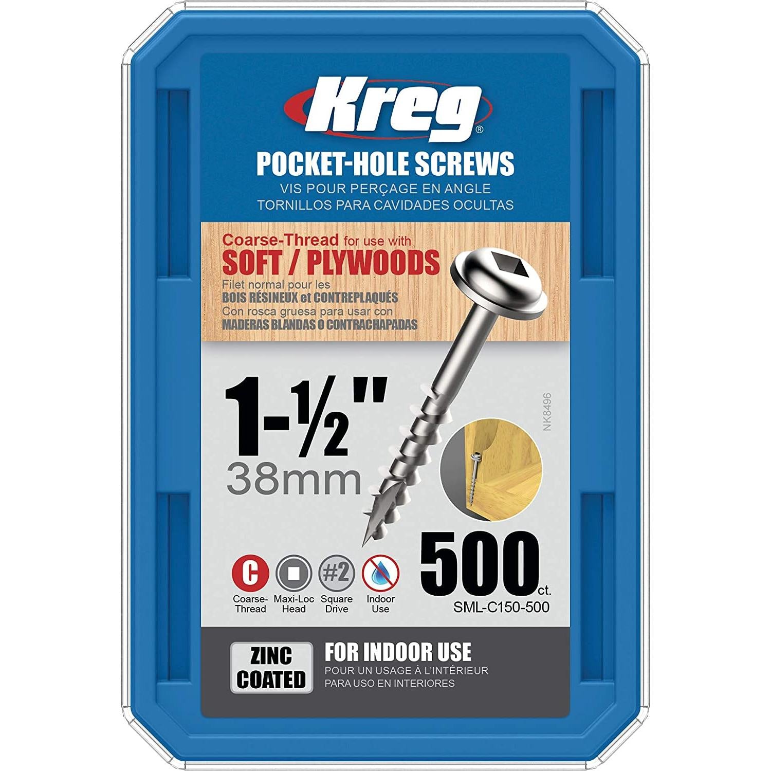 Kreg Pocket Hole Screws 1-1/2' #8 Coarse Washer Head 500Ct Power Tool Services