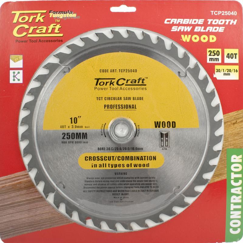 Tork Craft Circular Saw Blade Contractor 250 X 40T 30/20/16 TCP25040 Power Tool Services