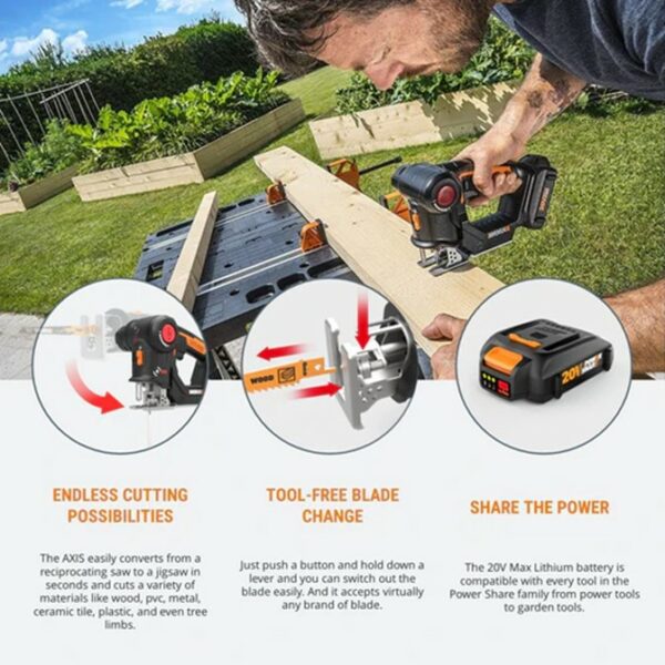 Worx AXIS Jigsaw & Recipro Saw 20mm 2-In-1 Cordless 20V | KIT