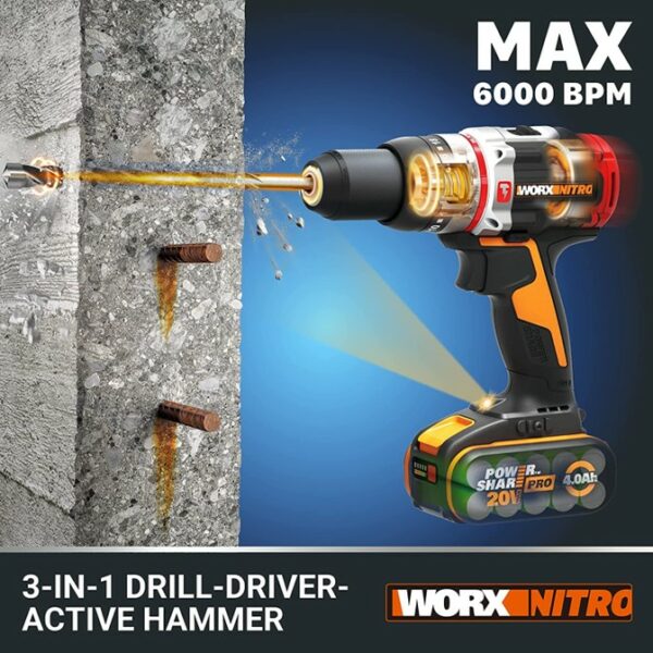 Worx SLAMMER 3-In-1 Brushless Active Hammer Drill 6000BPM 20V KIT
