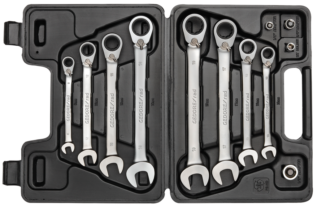 Gedore Combination ratchet wrench set with adapters, 12 pieces 8-19 mm | 7203012