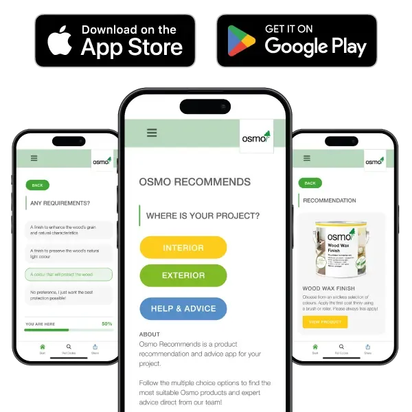 The Osmo Recommends app on a phone, with the App Store and Google Play badges