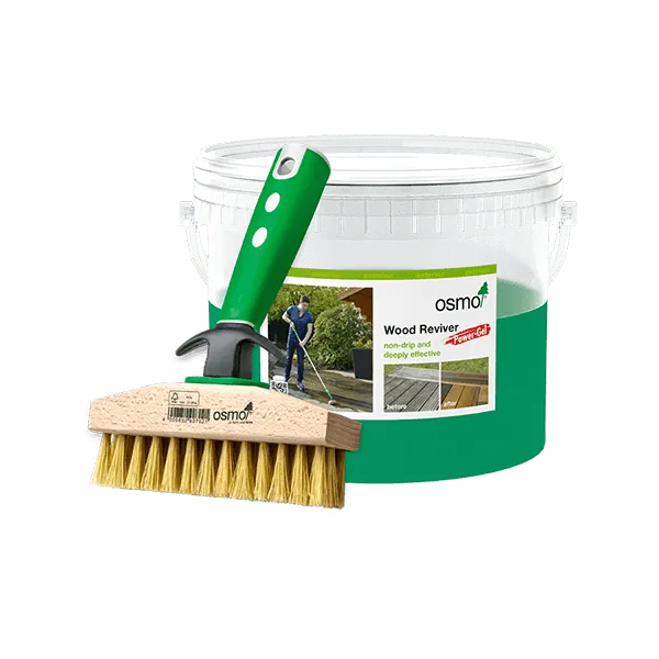 Osmo Wood Reviver Power-Gel and scrubbing brush for grey, weathered wood